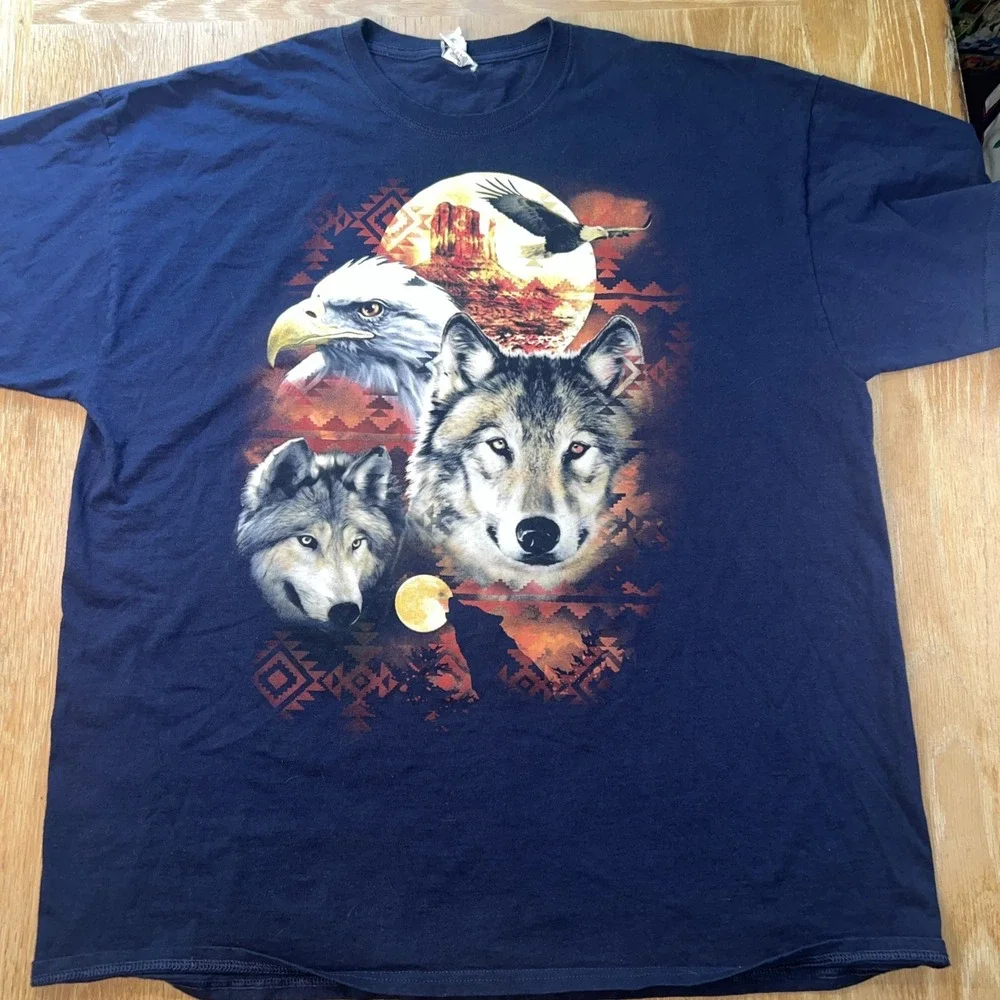 Wolf Eagle Southwest Aztec‎ Graphic T-Shirt 2XL Navy Blue Heavy Cotton